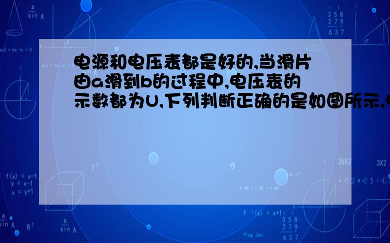 电源和电压表都是好的,当滑片由a滑到b的过程中,电压表的示数都为U,下列判断正确的是如图所示,电源和电压表都是好的,当滑片由a滑到b的过程中,电压表的示数都为U,下列判断正确的是（ ）A