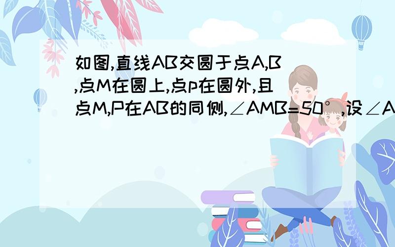 如图,直线AB交圆于点A,B,点M在圆上,点p在圆外,且点M,P在AB的同侧,∠AMB=50°,设∠APB=x,当点p移动时,求x的变化范围并说明理由