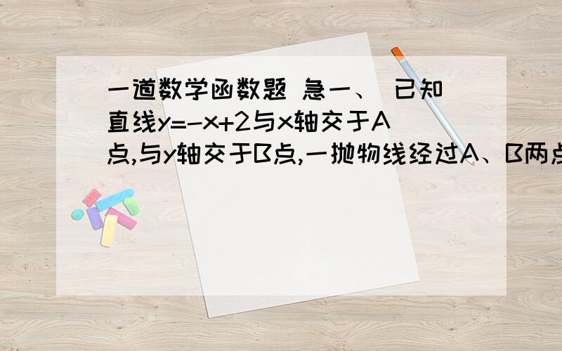 一道数学函数题 急一、 已知直线y=-x+2与x轴交于A点,与y轴交于B点,一抛物线经过A、B两点且其对称轴为x=2,求1 这条抛物线的解析式2 这条抛物线的顶点坐标3 这条抛物线与x轴和y轴的交点以及原