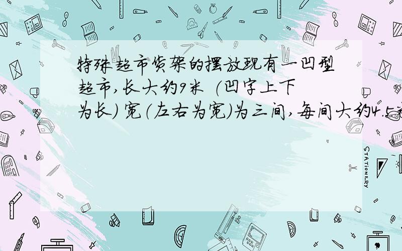 特殊超市货架的摆放现有一凹型超市,长大约9米 （凹字上下为长） 宽（左右为宽）为三间,每间大约4.5米.凹字底部一横分三间,中间为正门,左右是两个大橱窗.面朝西.请高人指教.忘说 因为超