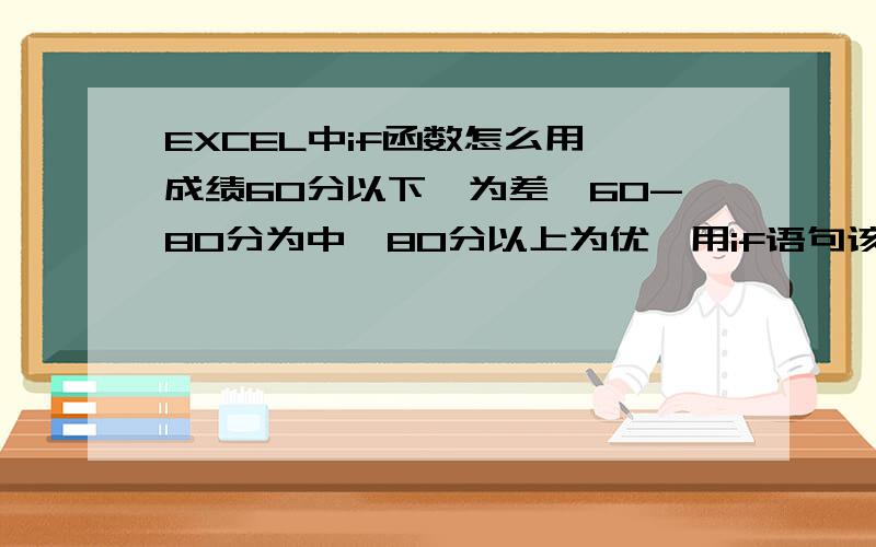 EXCEL中if函数怎么用 成绩60分以下,为差,60-80分为中,80分以上为优,用if语句该怎么表示