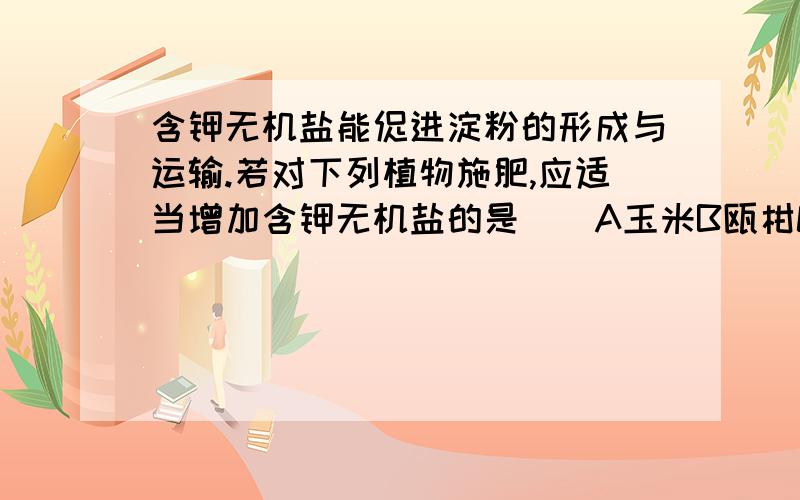 含钾无机盐能促进淀粉的形成与运输.若对下列植物施肥,应适当增加含钾无机盐的是（）A玉米B瓯柑C白菜D萝卜