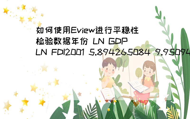 如何使用Eview进行平稳性检验数据年份 LN GDP LN FDI2001 5.894265084 9.9509434942002 5.984112588 10.557711982003 6.130225989 10.891801232004 6.310808791 11.020610782005 6.46808685 11.083249632006 6.634659639 11.234559862007 6.793488554 11