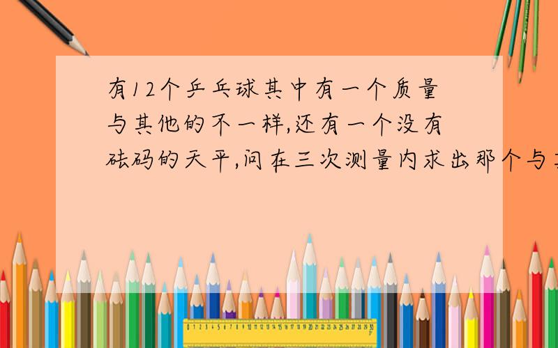 有12个乒乓球其中有一个质量与其他的不一样,还有一个没有砝码的天平,问在三次测量内求出那个与其他不同的球.