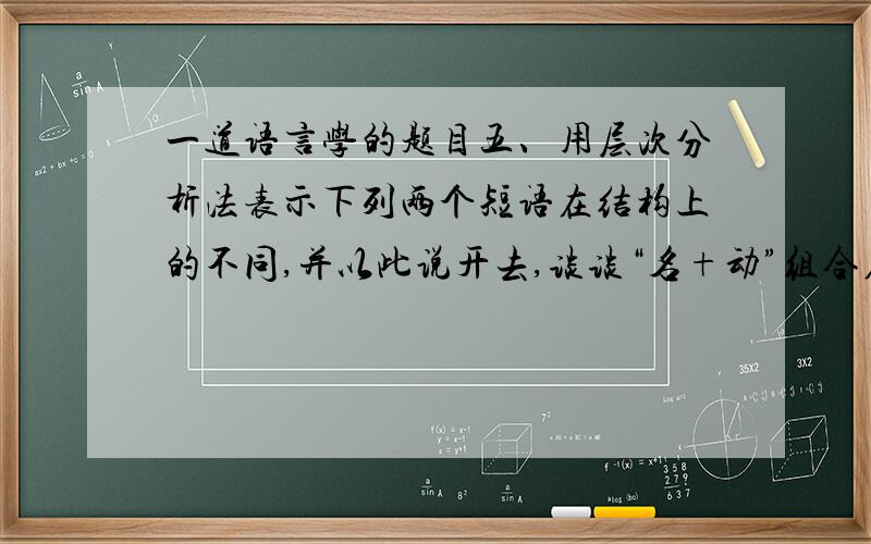 一道语言学的题目五、用层次分析法表示下列两个短语在结构上的不同,并以此说开去,谈谈“名+动”组合在结构关系和语义关系上的各种情况.a、烛光照着小明端出的盘子b、烛光照着小明张