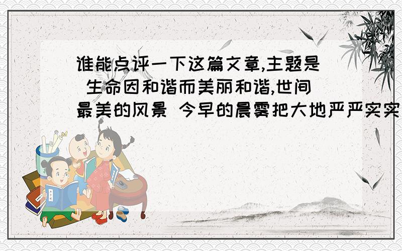 谁能点评一下这篇文章,主题是 生命因和谐而美丽和谐,世间最美的风景 今早的晨雾把大地严严实实地笼罩着,没有一丝缝隙.近处的花园里像隔着一层薄薄的白纱,模模糊糊的.身旁的,那朵白色