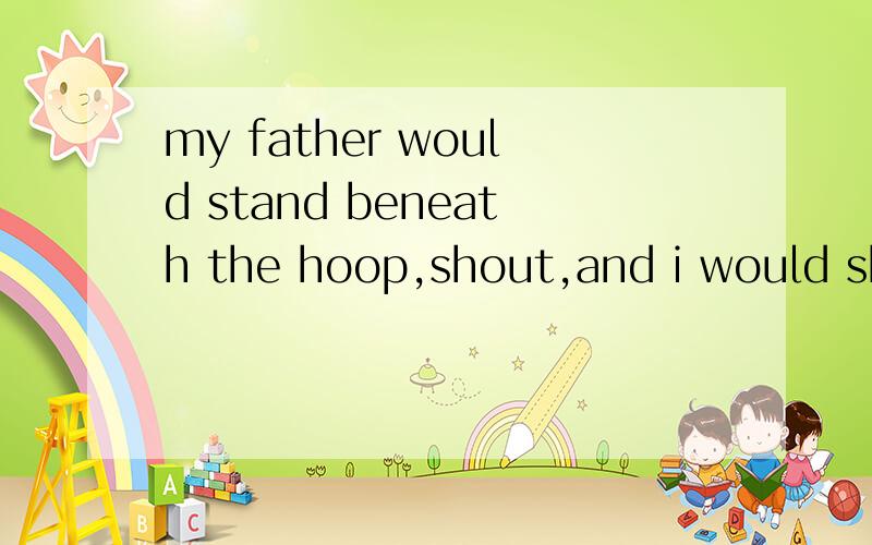 my father would stand beneath the hoop,shout,and i would shoot over his headat the basket attached to our garage.请高手翻译成中文,“I”是个肓人.at the basket attached to our garage 是at