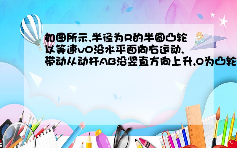 如图所示,半径为R的半圆凸轮以等速v0沿水平面向右运动,带动从动杆AB沿竖直方向上升,O为凸轮圆心,P为顶点.如图所示,半径为 R  的半圆凸轮以等速v0沿水平面 向右运动,带动从动杆AB沿竖直方