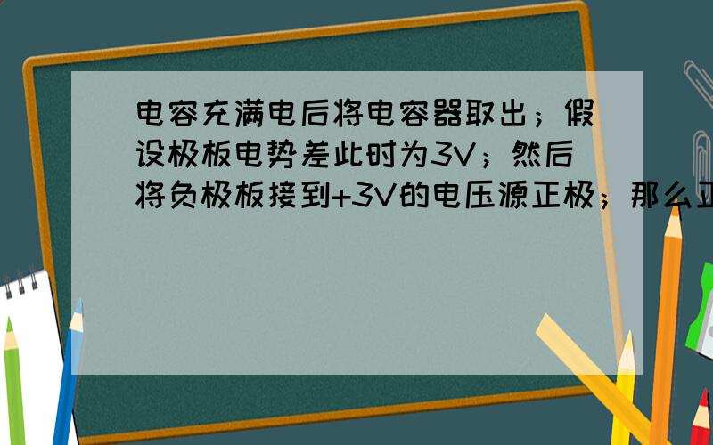 电容充满电后将电容器取出；假设极板电势差此时为3V；然后将负极板接到+3V的电压源正极；那么正极板的电势会瞬间升至6V吗；为什么；请描述一下微观过程；(电荷移动的过程)