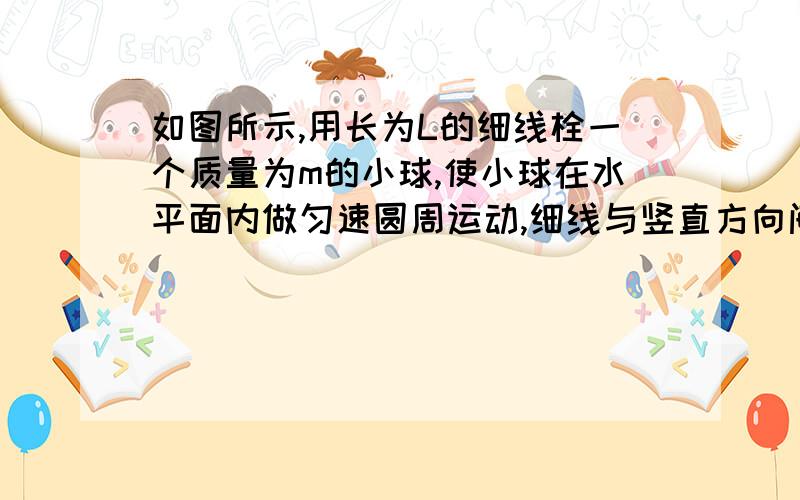 如图所示,用长为L的细线栓一个质量为m的小球,使小球在水平面内做匀速圆周运动,细线与竖直方向间的夹角为θ 求（1）细线受到小球拉力的大小 （2）小球圆周运动的周期T