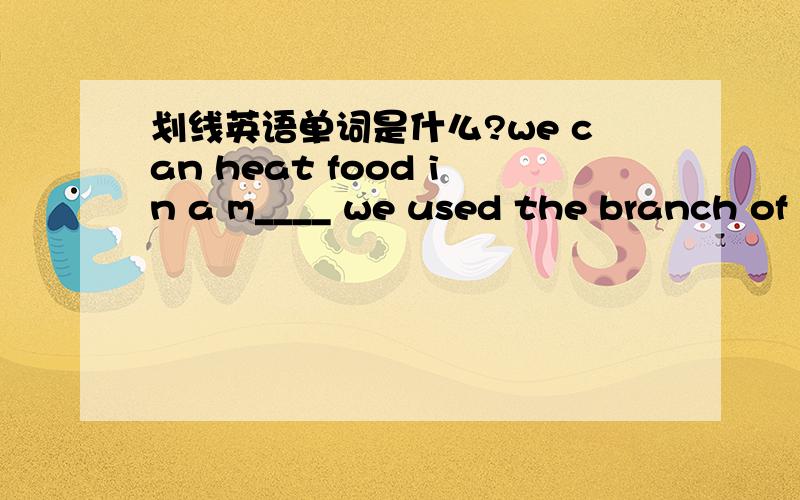 划线英语单词是什么?we can heat food in a m____ we used the branch of an old tree as a s___ you gave me a f____ jumping out at me like thatthe old man f___ a light into the dark room