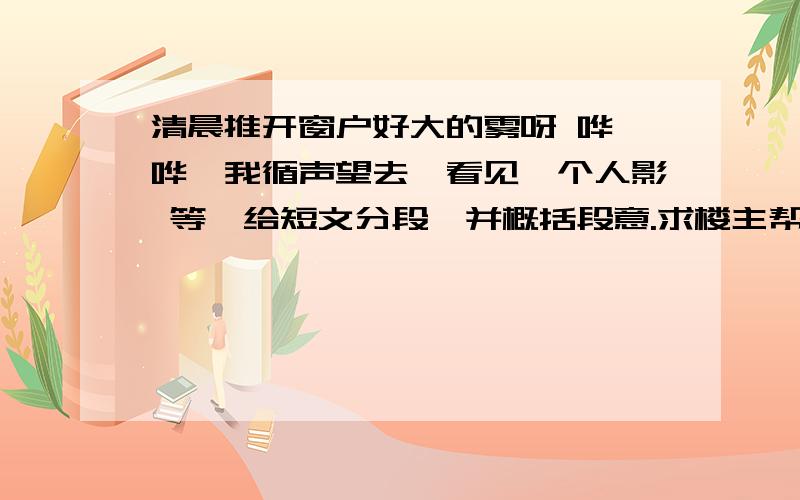 清晨推开窗户好大的雾呀 哗—哗—我循声望去,看见一个人影 等,给短文分段,并概括段意.求楼主帮帮忙,求你马上回答,十万火急哦