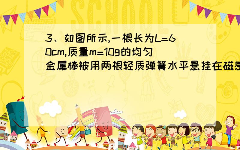 3、如图所示,一根长为L=60cm,质量m=10g的均匀金属棒被用两根轻质弹簧水平悬挂在磁感强度B=0.4T的匀强磁场中（1）若弹簧既不伸长又不缩短,求金属棒中的电流大小和方向.（2）当通入I=0.2A由左