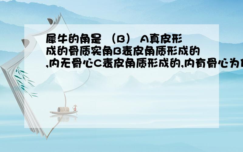 犀牛的角是 （B） A真皮形成的骨质实角B表皮角质形成的,内无骨心C表皮角质形成的,内有骨心为什么?Tell me why?