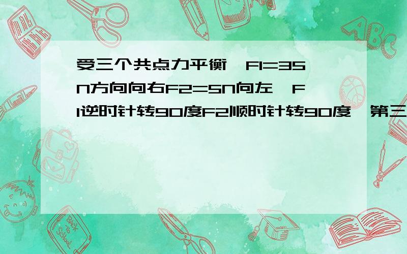 受三个共点力平衡,F1=35N方向向右F2=5N向左,F1逆时针转90度F2顺时针转90度,第三个力不变,此时合力为答案是50N