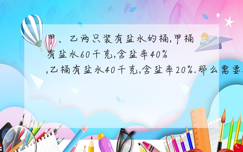 甲、乙两只装有盐水的桶,甲桶有盐水60千克,含盐率40%,乙桶有盐水40千克,含盐率20%.那么需要把两桶的盐水交换多少千克两桶含盐率相等