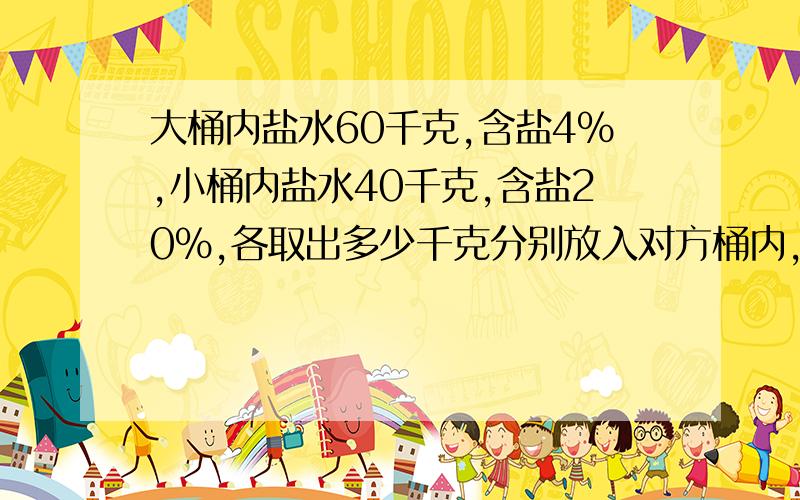 大桶内盐水60千克,含盐4%,小桶内盐水40千克,含盐20%,各取出多少千克分别放入对方桶内,它们含盐率相等