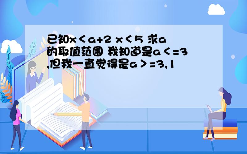 已知x＜a+2 x＜5 求a的取值范围 我知道是a＜=3,但我一直觉得是a＞=3,1