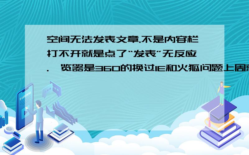 空间无法发表文章.不是内容栏打不开就是点了“发表”无反应.浏览器是360的换过IE和火狐问题上周就有了一直无法解决IE选项下的脱机文件也删除过杀毒没有发现异常