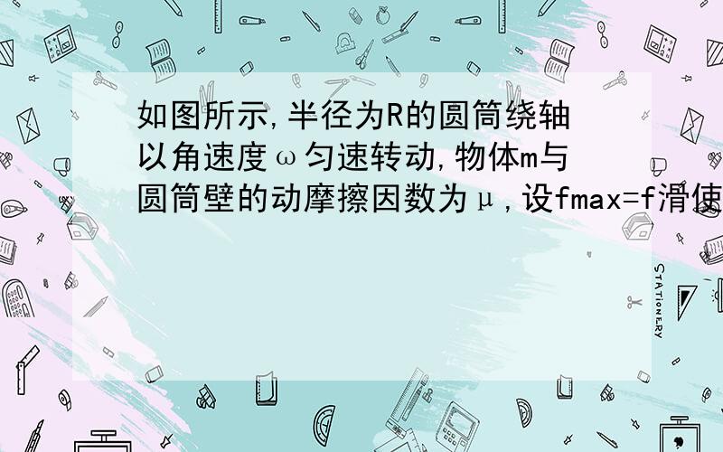 如图所示,半径为R的圆筒绕轴以角速度ω匀速转动,物体m与圆筒壁的动摩擦因数为μ,设fmax=f滑使 m 不下滑,ω至少为多大?