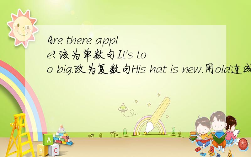 Are there apple?该为单数句It's too big.改为复数句His hat is new.用old连成选择疑问What's this It's book.中什么地方错了?What colour is your shoes?中什么地方错了?