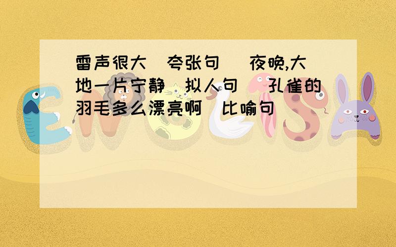 雷声很大（夸张句） 夜晚,大地一片宁静（拟人句） 孔雀的羽毛多么漂亮啊（比喻句）