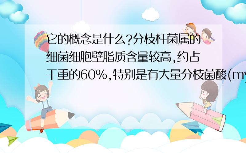 它的概念是什么?分枝杆菌属的细菌细胞壁脂质含量较高,约占干重的60%,特别是有大量分枝菌酸(mycolic acid)包围在肽聚糖层的外面,可影响染料的穿入.