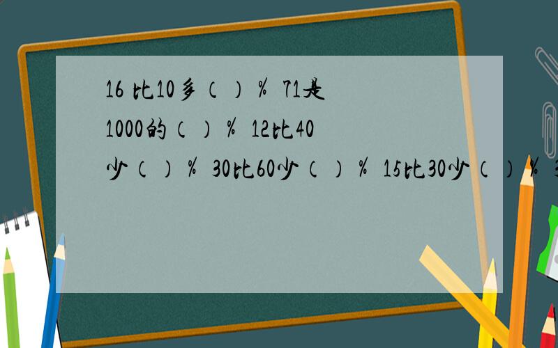 16 比10多（）％ 71是1000的（）％ 12比40少（）％ 30比60少（）％ 15比30少（）％ 30比8多（）百分之直接写出得数,不用算式