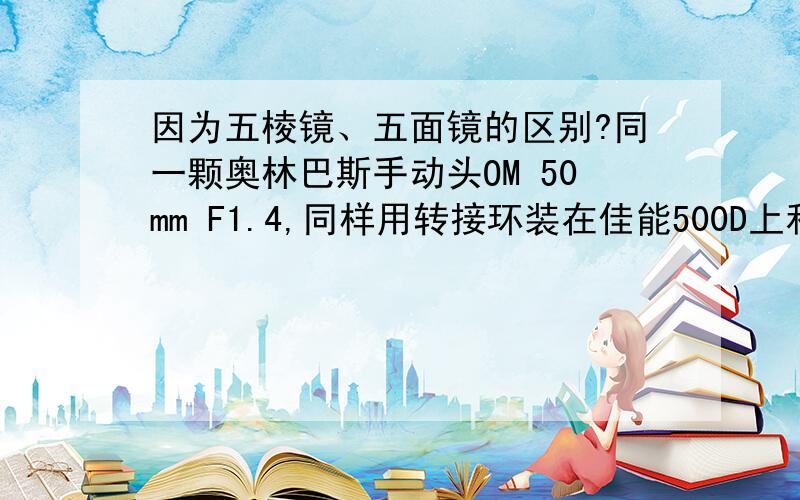 因为五棱镜、五面镜的区别?同一颗奥林巴斯手动头OM 50mm F1.4,同样用转接环装在佳能500D上和奥利巴斯E-30机身上.使用手动头在无裂像屏的情况下拍摄,明显的在E-30上要对的准,就算在跟拍中对
