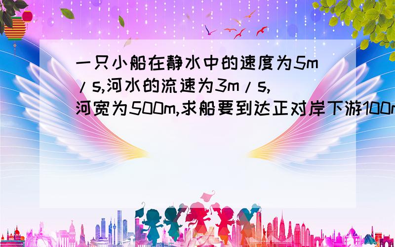 一只小船在静水中的速度为5m/s,河水的流速为3m/s,河宽为500m,求船要到达正对岸下游100m处时,船头的指向与河岸的夹角,和过河时间