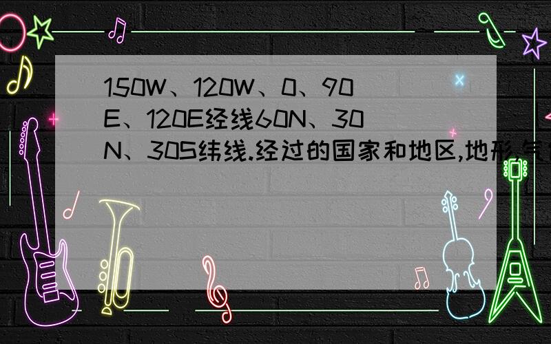 150W、120W、0、90E、120E经线60N、30N、30S纬线.经过的国家和地区,地形,气候.全面一点