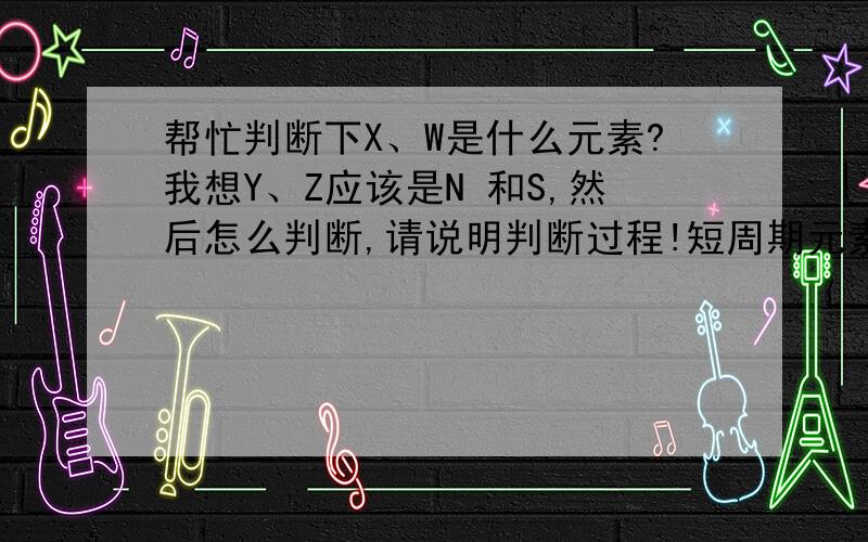 帮忙判断下X、W是什么元素?我想Y、Z应该是N 和S,然后怎么判断,请说明判断过程!短周期元素X、Y、Z、W的原子序数依次增大,其原子的最外层电子数之和为19.X的阳离子比阴离子少一层电子,Y与Z