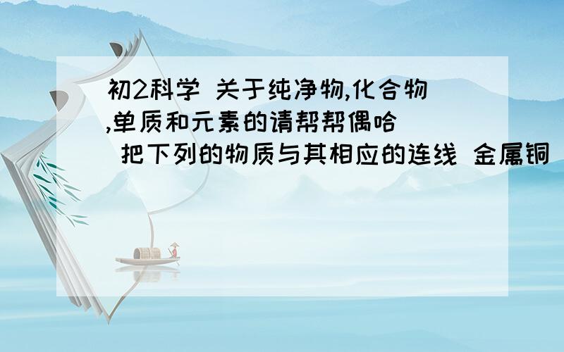 初2科学 关于纯净物,化合物,单质和元素的请帮帮偶哈^^ 把下列的物质与其相应的连线 金属铜     金属元素 硫酸铜     稀有元素 氧         单质 氧化钠     非金属元素 铝         化合物 氖帮帮偶