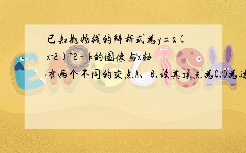 已知抛物线的解析式为y=a(x-2)^2+k的图像与x轴有两个不同的交点A、B,设其顶点为C,D为这条抛物线对称轴上一点.四边形ABCD的边长为4的菱形,且有一个内角为60°.求这个函数的解析式.