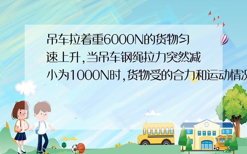 吊车拉着重6000N的货物匀速上升,当吊车钢绳拉力突然减小为1000N时,货物受的合力和运动情况为( ) A.合力为零,匀速上升 B.合力为5000N,立即下降 C.合力为5000N,立即停止 D.合力为5000N,减速上升