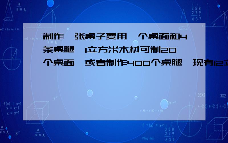 制作一张桌子要用一个桌面和4条桌腿,1立方米木材可制20个桌面,或者制作400个桌腿,现有12立方米木材,应怎样计划用料才能制作尽可能多的桌子   例方程解   步骤