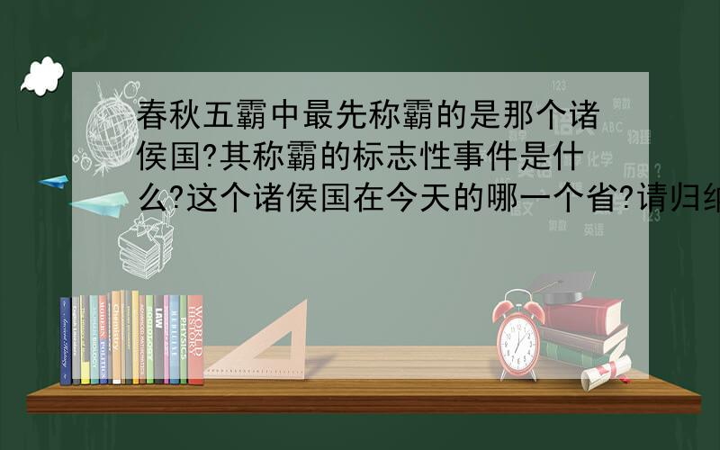 春秋五霸中最先称霸的是那个诸侯国?其称霸的标志性事件是什么?这个诸侯国在今天的哪一个省?请归纳其称霸的条件