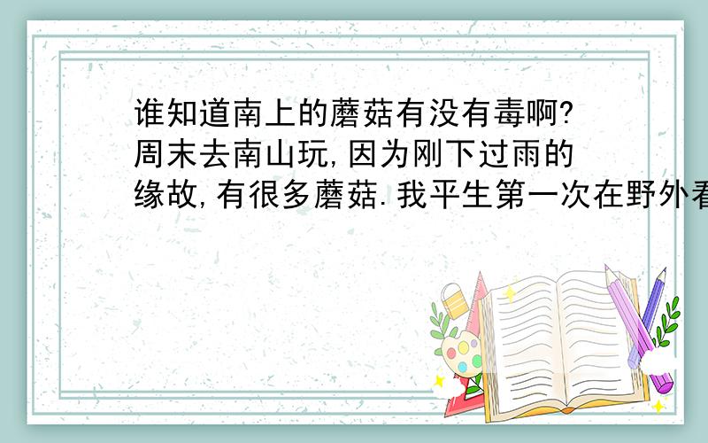 谁知道南上的蘑菇有没有毒啊?周末去南山玩,因为刚下过雨的缘故,有很多蘑菇.我平生第一次在野外看到蘑菇,很兴奋.因为有人指点,所以我捡的蘑菇有些像鸡腿的模样,白色的.回家后,朋友打电