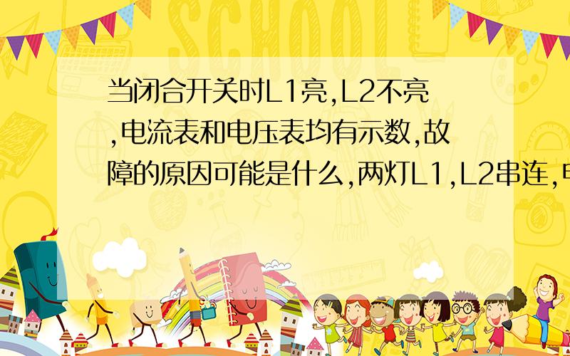 当闭合开关时L1亮,L2不亮,电流表和电压表均有示数,故障的原因可能是什么,两灯L1,L2串连,电压表测L1的电压,电流表测总电流 故障原因( B ):A L1短路 B L2短路 C L1断路 D L2断路 为什么不是L1短路?