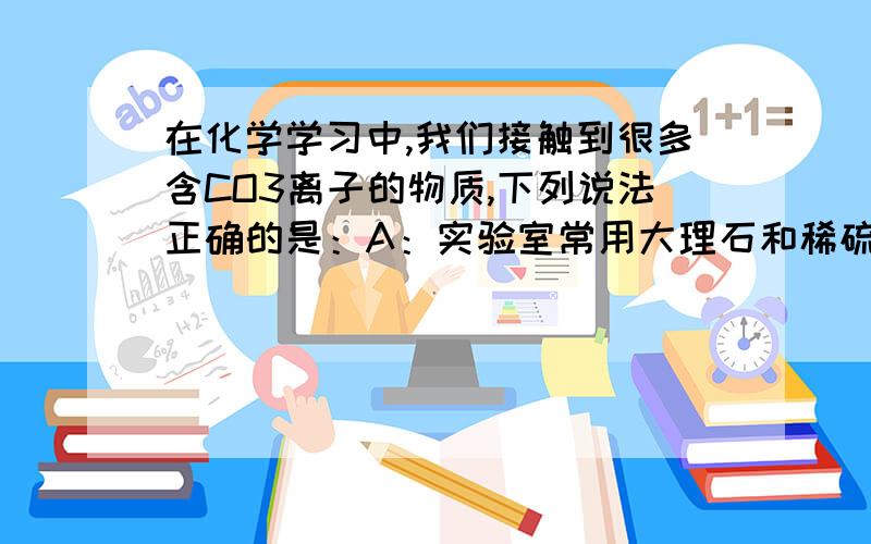 在化学学习中,我们接触到很多含CO3离子的物质,下列说法正确的是：A：实验室常用大理石和稀硫酸反应制取CO2B：简易泡沫灭火器中用来产生CO2的物质是大理石和稀盐酸C：CO2离子可以和OH离子