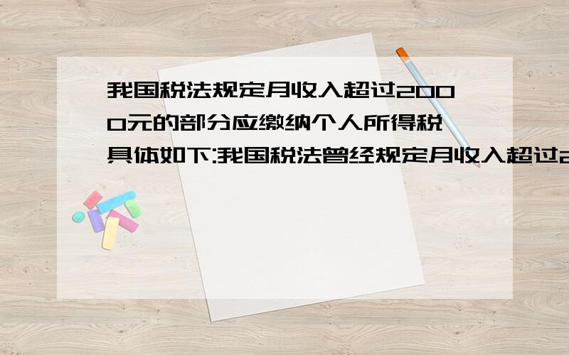 我国税法规定月收入超过2000元的部分应缴纳个人所得税,具体如下:我国税法曾经规定月收入超过2000元的部分应缴纳个人所得税,具体如下：超过部分不高于500元的,税率是5%,超过500元至2000元部