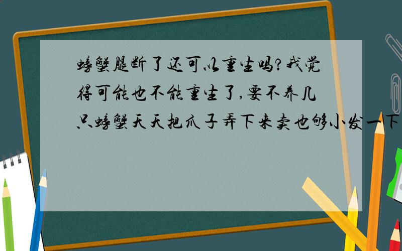 螃蟹腿断了还可以重生吗?我觉得可能也不能重生了,要不养几只螃蟹天天把爪子弄下来卖也够小发一下的．．．可是有点不死心～