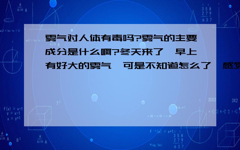 雾气对人体有毒吗?雾气的主要成分是什么啊?冬天来了,早上有好大的雾气,可是不知道怎么了,感觉呼吸起来不舒服,所以请问大家知道雾气对人体有危害么?