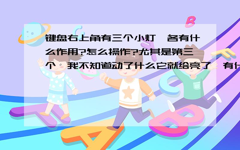 键盘右上角有三个小灯,各有什么作用?怎么操作?尤其是第三个,我不知道动了什么它就给亮了,有什么后果?怎么弄灭啊!