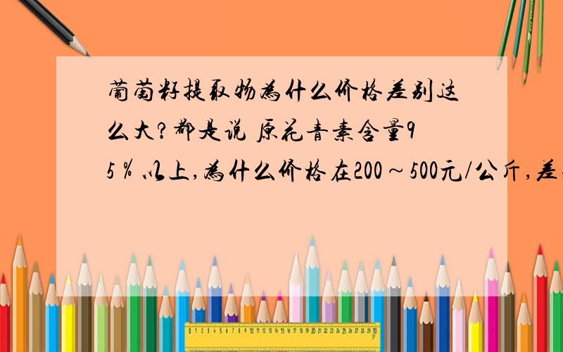 葡萄籽提取物为什么价格差别这么大?都是说 原花青素含量95％以上,为什么价格在200～500元/公斤,差别这么大?恳请高人指教,