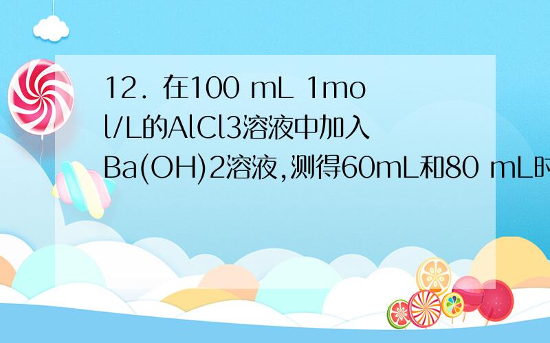 12．在100 mL 1mol/L的AlCl3溶液中加入Ba(OH)2溶液,测得60mL和80 mL时所得沉淀一样多.求Ba(OH)2溶液物质的量的浓度是多少?