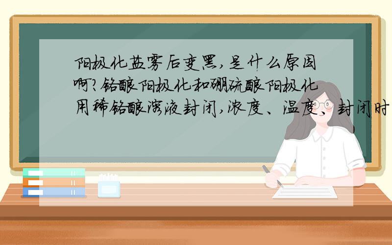 阳极化盐雾后变黑,是什么原因啊?铬酸阳极化和硼硫酸阳极化用稀铬酸溶液封闭,浓度、温度、封闭时间都在要求范围内,336小时的盐雾试验后,表面变黑,更换了封闭溶液,结果照样,膜层重量合