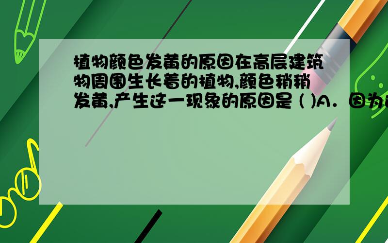 植物颜色发黄的原因在高层建筑物周围生长着的植物,颜色稍稍发黄,产生这一现象的原因是 ( )A．因为这种植物一天的呼吸量大于光合作用量B．因为这种植物一天的呼吸量和光合作用量正好