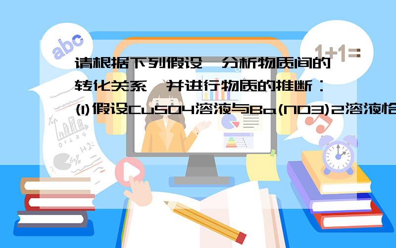 请根据下列假设,分析物质间的转化关系,并进行物质的推断：(1)假设CuSO4溶液与Ba(NO3)2溶液恰好完全反应,生成白色沉淀A与溶液B,过滤后,溶液B再与过量的NaOH溶液反应,生成蓝色沉淀C和溶液D,则