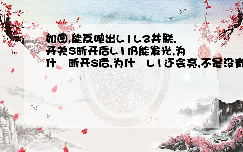 如图.能反映出L1L2并联,开关S断开后L1仍能发光,为什麼断开S后,为什麼L1还会亮,不是没有电流了吗,怎麼还会亮,电流不是要先经过正极 ,用电器,开关,最后电源负极的吗,那不是短路了吗,怎麼还